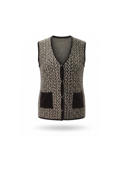 Onno Style Women Çelik Örgü Klasik Leopar Desen Triko Yelek Kahverengi
