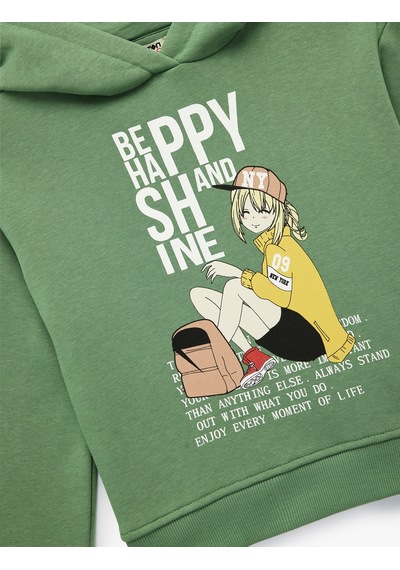 Koton Şardonlu Uzun Kollu Kapşonlu Baskılı Sweatshirt Yeşil 6wkg10309ak Yeşil