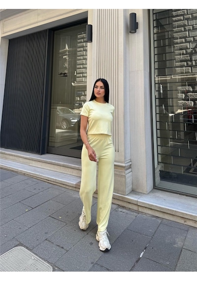 WeShaya Sarı Modal Doku Elastan Palazzo Takım Sarı
