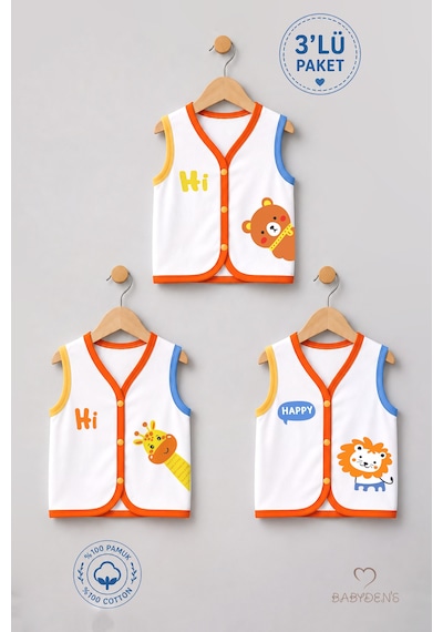 Babyden's 3'lü Bebek Yeleği %100 Pamuk Çıtçıtlı Mevsimlik Yenidoğan Bebek Yelek Seti Safari Baskılı Unisex 0-9 Ay Çok Renkli
