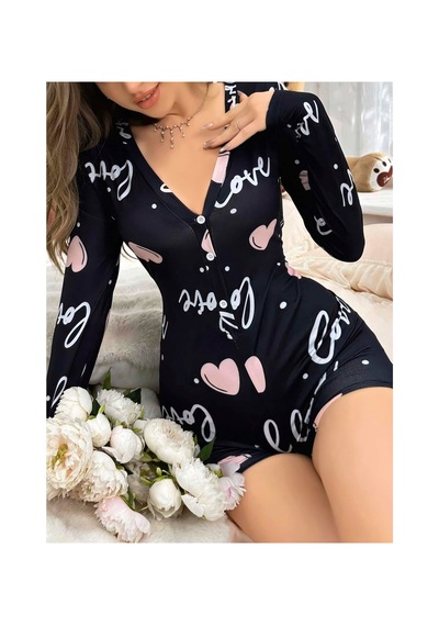 Ruselin Kadın Kalp Desenli Love Yazılı Pijama Tulumu-siyah-l/xl - 9047716005982