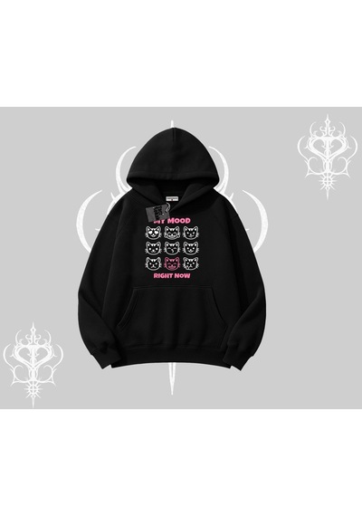 Startmore My Mood Right Now Yazılı Sevimli Kedi Kapşonlu Sweatshirt Siyah