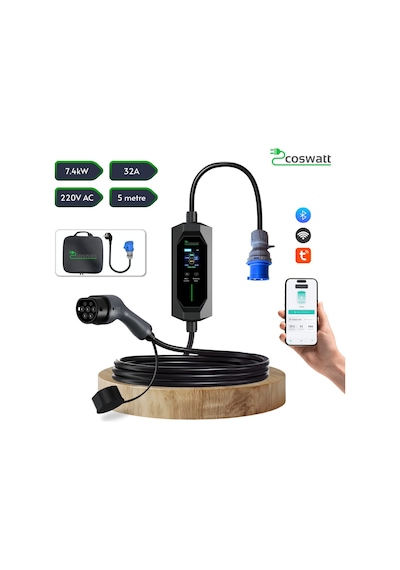 Coswatt Taşınabilir Ev Şarj Cihazı Cs-p1-32a / 7.4kw / 5m / Türkçe / 220v Ac / Tip-2 / 3x32a Cee / Ev Tipi Dönüştürücü / Çanta 7.4 kW