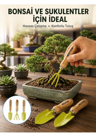 Saksı Bitkileri İçin Bahçe El Aleti Seti Ergonomik Ahşap Saplı