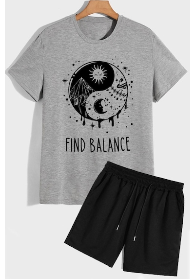 Uyguntarz Ying Yang Şort T-shirt Eşofman Takımı Gri
