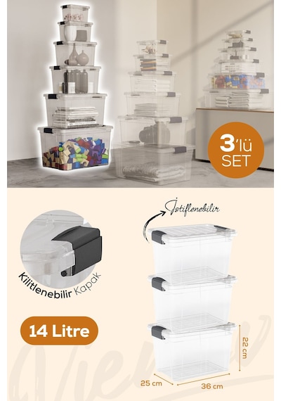 Vienev 3'lü 14 Litre Kilitli Kapaklı Saklama Ve Erzak Kutusu 33124