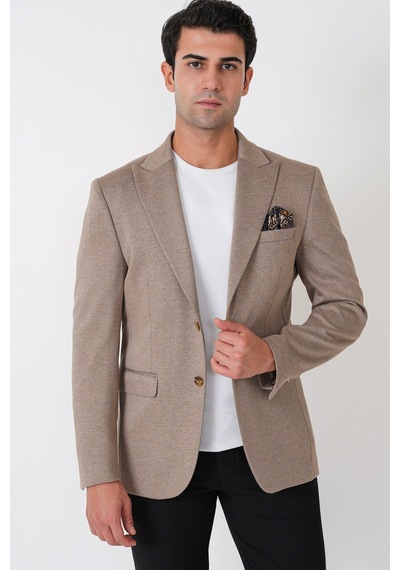 Slim Fit Sivri Yaka Çift Yırtmaçlı Esnek Yünlü Bej Ceket C 746