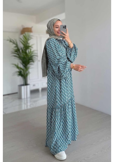 Kahijab Geometrik Desenli Kuşaklı Elbise - Mavi Mavi