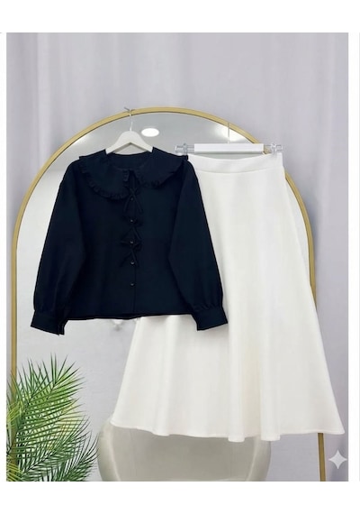 Lovie Moda Kadın Şal Yaka Gömlek Fiyonk Detaylı Etekli Takım - Siyah