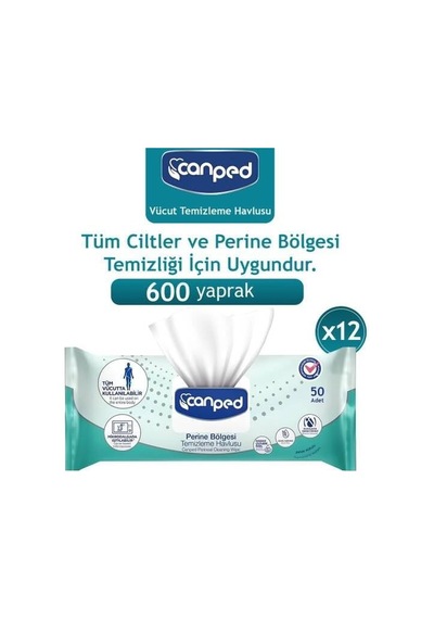 Canped Perine Ve Vücut Temizleme Havlusu, 600 Adet, 12 Paket