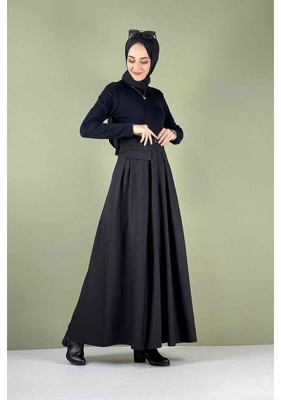 İbrahim Burak Etiler Collection Moda Çizgi Etek Siyah