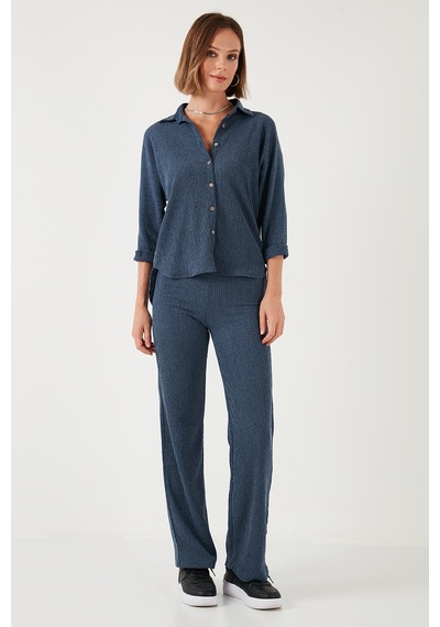 Lela Slim Fit Yüksek Bel Geniş Paça Dokulu Bayan Pantolon 5865944 Indigo
