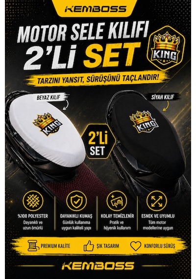 Kemboss 2 Li Motor Sele Kılıfı Seti Siyah & Beyaz Universal Lastikli Bağlamalı %100 Polyester Siyah - Beyaz