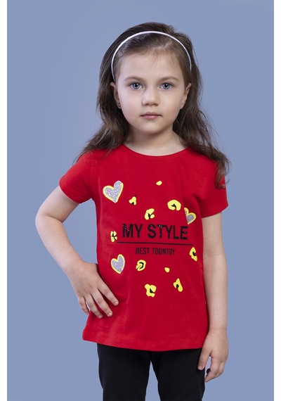 Toontoy Kids Toontoy Kız Çocuk Kalp Baskılı Tişört Kırmızı