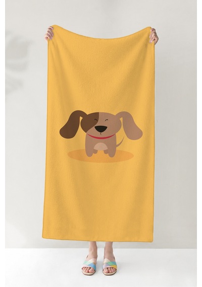 Sevimli Köpek Figürlü Çocuk Plaj Havlusu - Sarı Minimalist Unisex Hızlı Kuruyan Mikrofiber Havlu Kumlu Armut