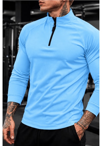 Genius Store Erkek Yarım Fermuarlı Compression Uzun Kol Spor Tişört Ve Fitness Tişörtü Dalgıç-uzun Mavi
