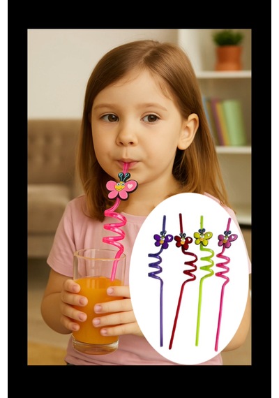 Renkli Kelebek Desenli Çocuk İçecek Pipeti 4 Lü Paket
