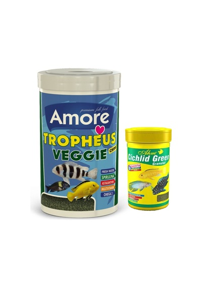Tropheus Veggie 1 L + Ahm Cichlid Green Kutu Balık Yemi 250 ML