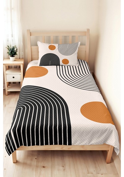 Siyah Geometrik Modern Genç Odası Tek Kişilik Pike Takımı - Hardal 160x220 Cm Kapitone Yatak Örtüsü Hafif Misk Dokusu