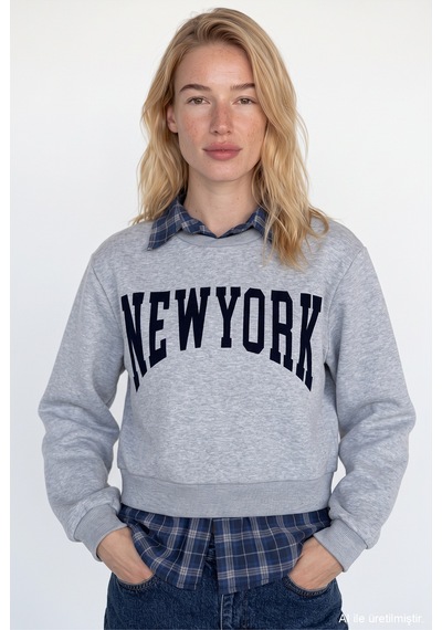 Quzu Ekose Garnili New York Yazılı Oversize Sweatshirt Grimelanj