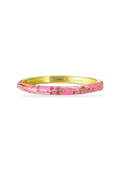 Taşlı Çiçek Motifli Pembe Mineli Çelik Bilezik Gold