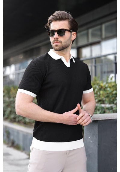 Madmext Siyah Polo Yaka Triko Erkek Tişört E7464 Siyah