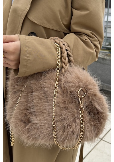 Mollycrush Kadın Camel Kürk Detaylı Zincirli Ve Örgü Saplı El Ve Omuz Çantası Yumuşak Peluş Kışlık Şık Baget Camel