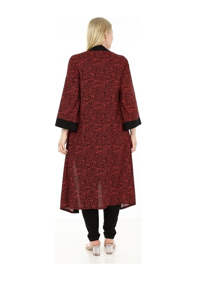 Disentis Kadın Büyük Beden Şal Yaka Kuşaklı Kırmızı Siyah Uzun Kimono