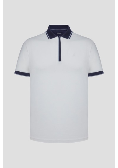 Fermuarlı Polo Yaka Erkek T-shirt Beyaz Beyaz