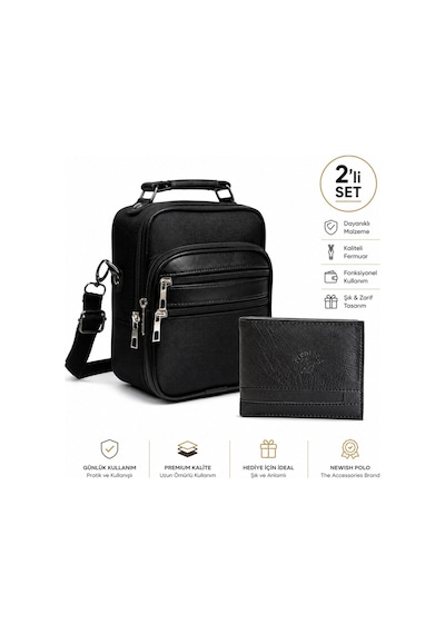 Newish Polo Erkek El Çapraz Omuz Çantası Ve Cüzdan Kartlık - New053 Siyah - Gri