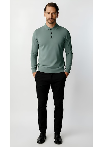 İgs Mint Yeşili Standart Fit Dar Kalıp Polo Yaka Düz Uzun Kollu Triko-21899 Mint Yeşili