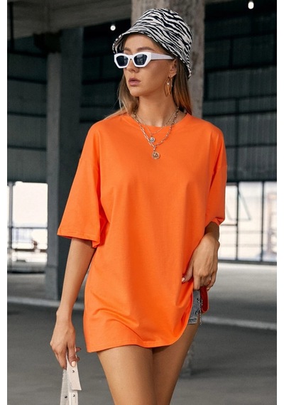 Oversize Unisex Baskısız T-shirt Turuncu