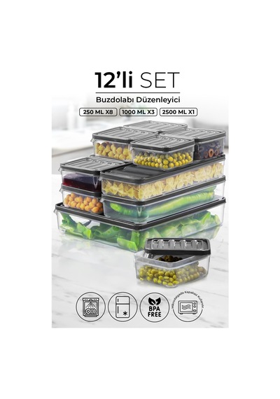 Kitchen Life 12 li Buzdolabı ve Mikrodalga Saklama Kabı - Buzdolabı Organizeri ( 250x8 1000x3 2500x1) Şeffaf