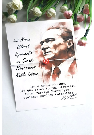 10 Adet Atatürk Kırmızı Silüet Kartlı Türk Bayraklı Bileklik Çok Renkli