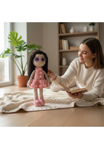 Tığ İşi Sevimli Kız Bebek Amigurumi Örgü Oyuncak Krem - Pembe
