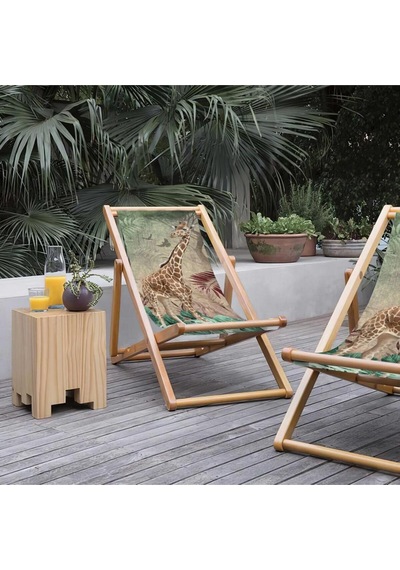 Zürafa Tasarımlı Katlanır Şezlong Ahşap Fırınlanmış Gürgen Ağacı, Süet Kumaş Çok Renkli