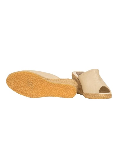 Star Tombis Gerçek Elişi Bej 5cm Topuklu Dolgu Topuk Keten Ön Açık Terlik Sandalet Handmade Bej