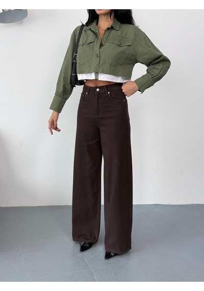 Kadın Kahverengi Baggy Jean Yüksek Bel Geniş Paça Kot Pantolon Kahverengi+baggy