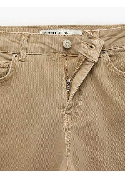 Koton Pamuklu Dar Kesim Yüksek Bel Cepli Düğmeli İspanyol Paça Pantolon - Flare Jeans Kahverengi 7wal40005mw Kahve