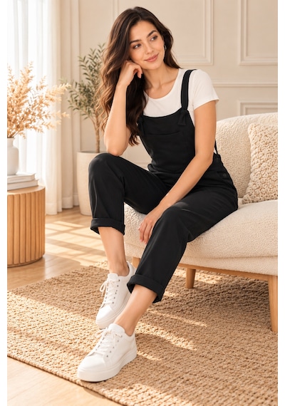 Palena Plnl6160 Örme Kumaş Ön Cepli Salopet - Siyah