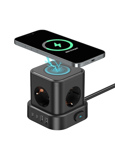 4'lü Priz Küp Çoklayıcı 2 Usb 2 Type-c 5w Kablosuz Şarjlı 2 Metre Kablolu Akım Korumalı Priz 1 - 3 M