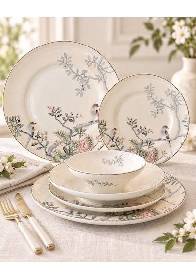 24 Parça 6 Kişilik Bird Garden Krem Yemek Takımı -7899 Somon