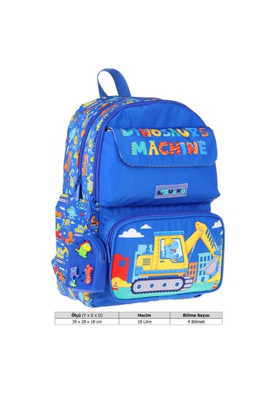 Kaukko Kids Erkek Çocuk Dinazor Ve İş Makinesi Baskılı Okul Çantası - Mavi - Sarı - Mechanic - L5369 Çok Renkli