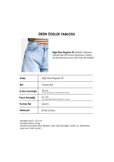 Itsbasic Kadın Ice Renk 4s6-27 Regular Fit Yüksek Bel %100 Koton Rahat Kesim Denim Jean Buz Mavi
