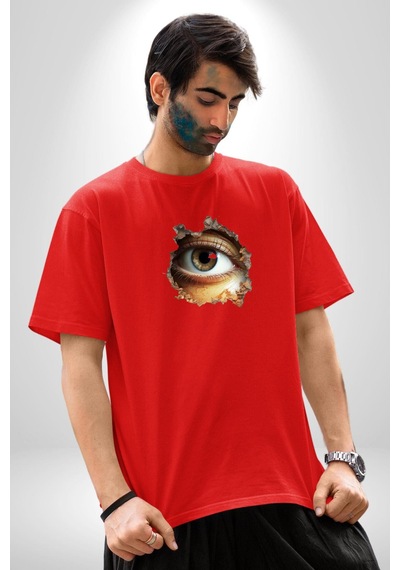 Duvardan Biri Bizi Gözetliyor Pamuklu Bisiklet Yaka Unisex Oversize Boyfriend Dijital Baskılı Kırmızı T-shirt Kırmızı