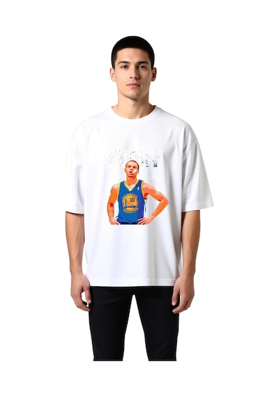 Paybuy Erkek Oversize Basketbol Sporcusu Şef Yemeği Baskılı Retro Tişört Beyaz