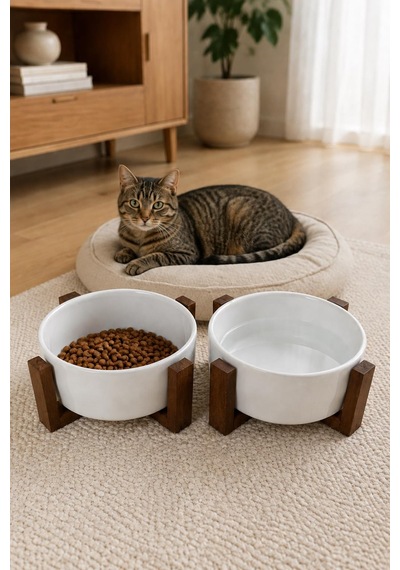 2 Li Ahşap Standlı Seramik Kedi Köpek Mama Ve Su Kabı Seti 14 Cm