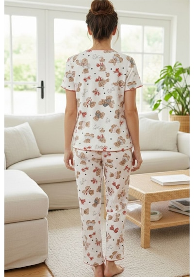 Siyah İnci Yumuşak Tuşe Yazlık Fitilli Pamuklu Örme Pijama Takım 7994 Ayıcık Desenli