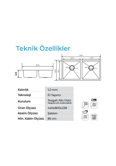 Crauf Stella 4580 Pvd Inox 2 Gözlü Paslanmaz Çelik Mutfak Eviyesi Inox