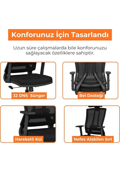 Eden Başlıklı Çalışma Koltuğu, Bel Destekli Ve Fileli Ofis Sandalyesi, 32 Dns Süngerli Siyah Yönetici Koltuğu, Diğer